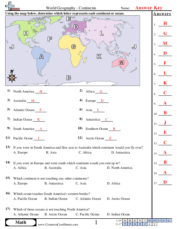  - Continents and Oceans worksheet
